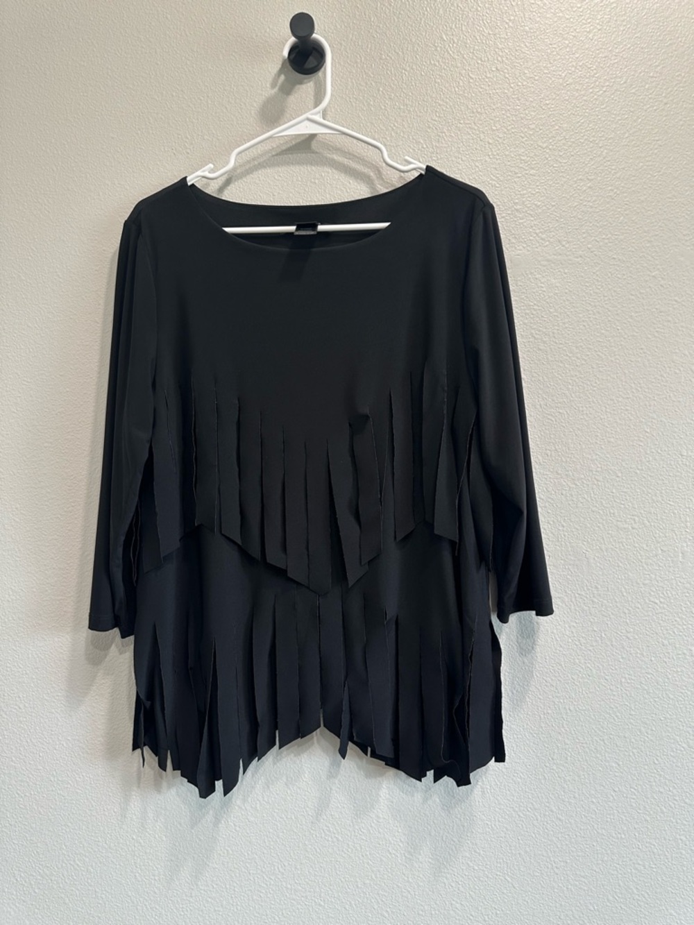 Ali Miles Black Layered Fringe Women's Top,large,artsy,whimsy,3/4 sleeve